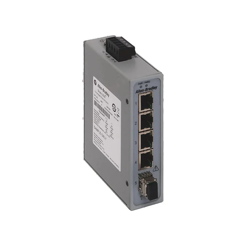Allen-Bradley 1783-US4T1F Stratix 2000 switch, 4 RJ45 ports, 1 SFP fiber port, DIN rail mount