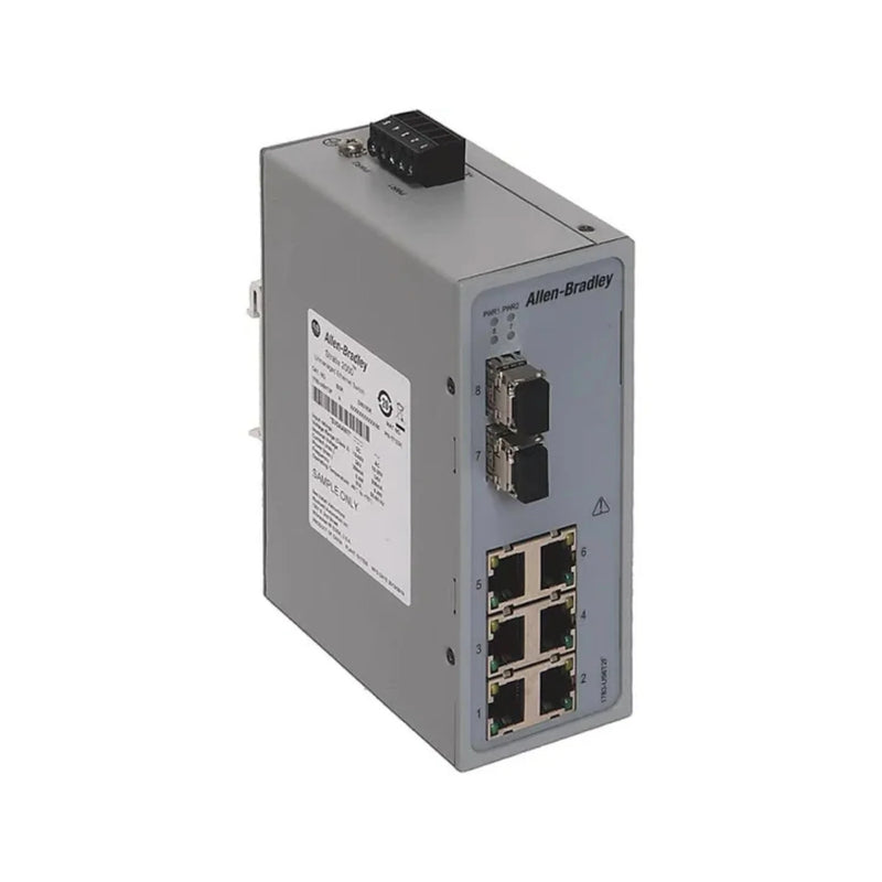 Allen-Bradley 1783-US6T2F Stratix 2000 Ethernet switch, 6 RJ45 ports, 2 SFP fiber slots, DIN rail mount