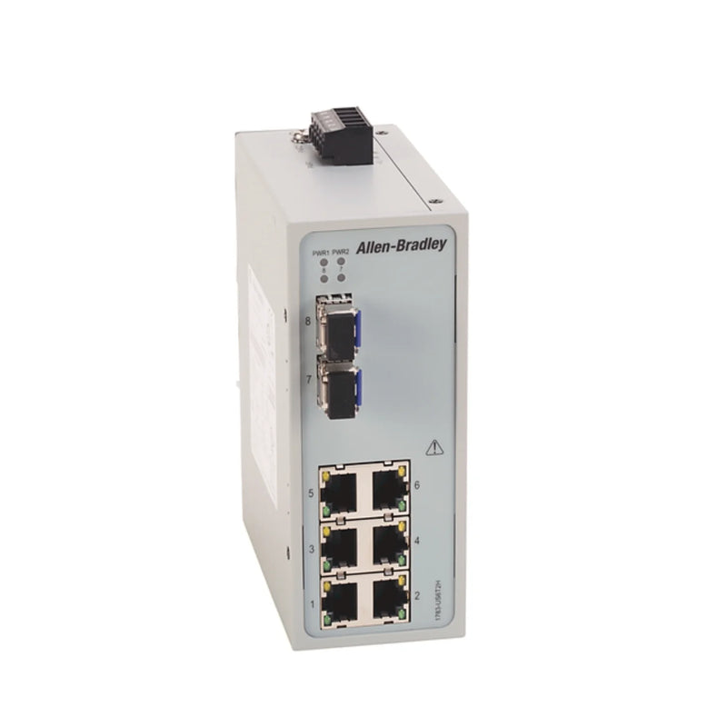 Allen-Bradley 1783-US6T2H Stratix 2000 unmanaged Ethernet switch, 6 RJ45 ports, 2 single-mode fiber ports, DIN rail mount