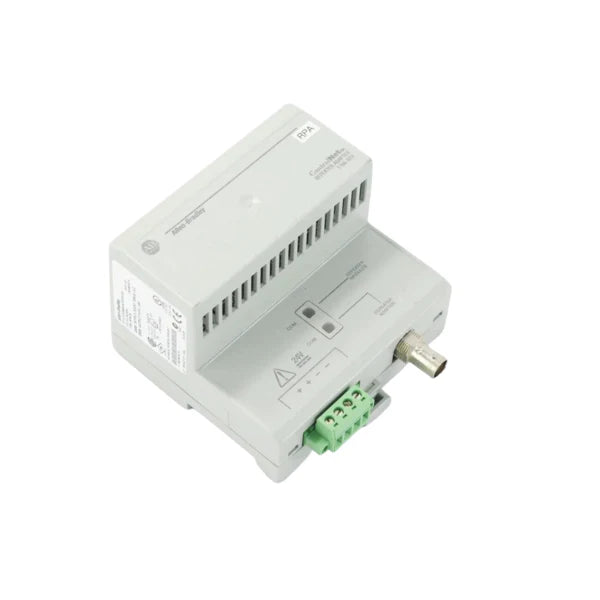 ControlNet repeater adapter, DIN rail mount, supports coaxial and fiber modules for scalable industrial network expansion.