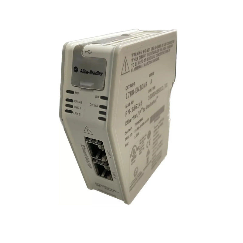 Allen-Bradley 1788-EN2DNR EtherNet/IP to DeviceNet linking device, DIN rail, CIP bridge, ODVA certified.