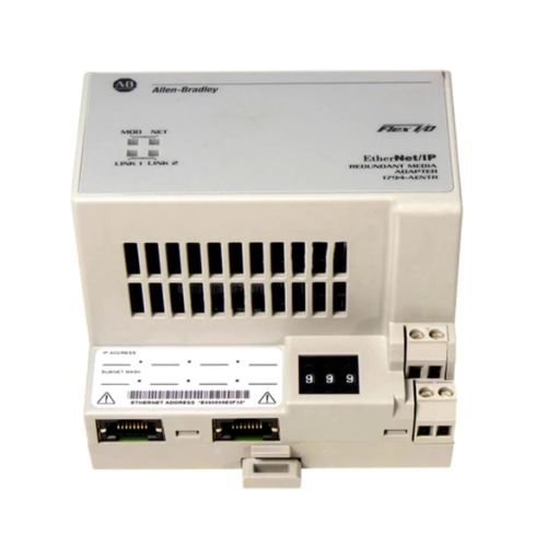 Allen-Bradley 1794-AENTR EtherNet/IP adapter, dual-port, DLR support, DIN rail mount, IP20, for FLEX I/O modules.