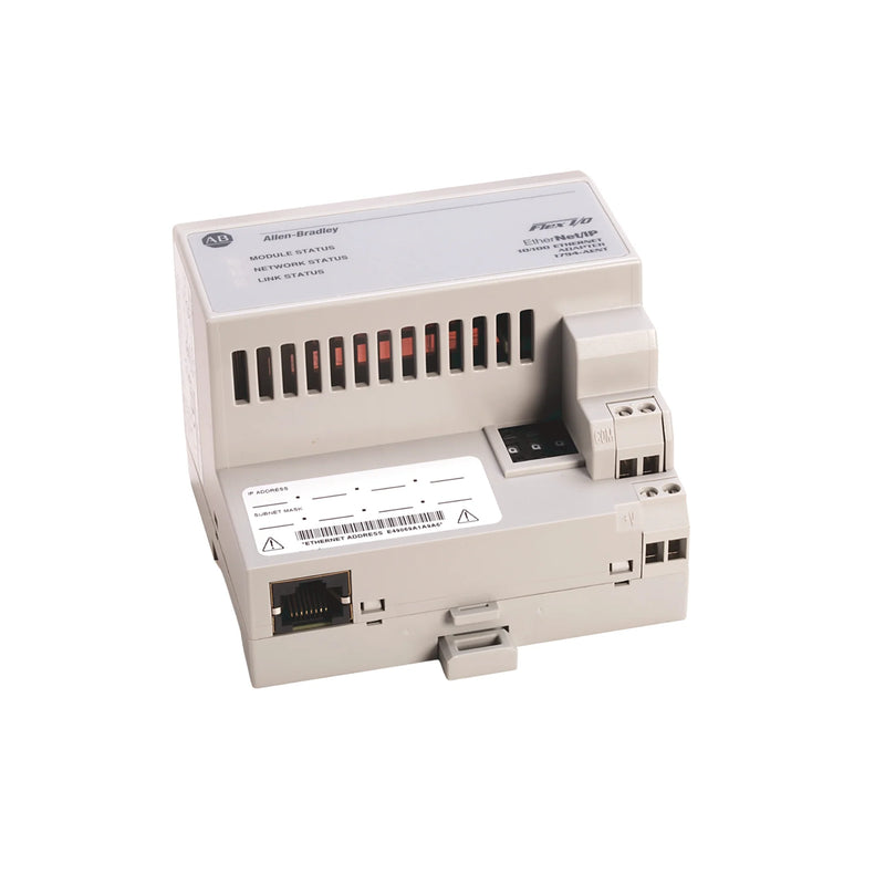 Allen-Bradley 1794-AENT EtherNet/IP adapter, single-port, for FLEX I/O systems, DIN rail mount, IP20 rating.