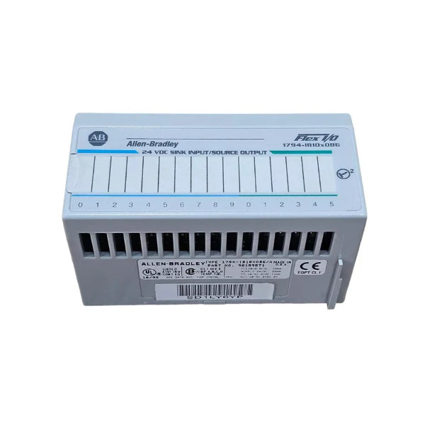 Allen-Bradley 1794-IB10XOB6 FLEX I/O module with 10 sinking inputs and 6 sourcing outputs, 24V DC operation, compact design for industrial automation systems.