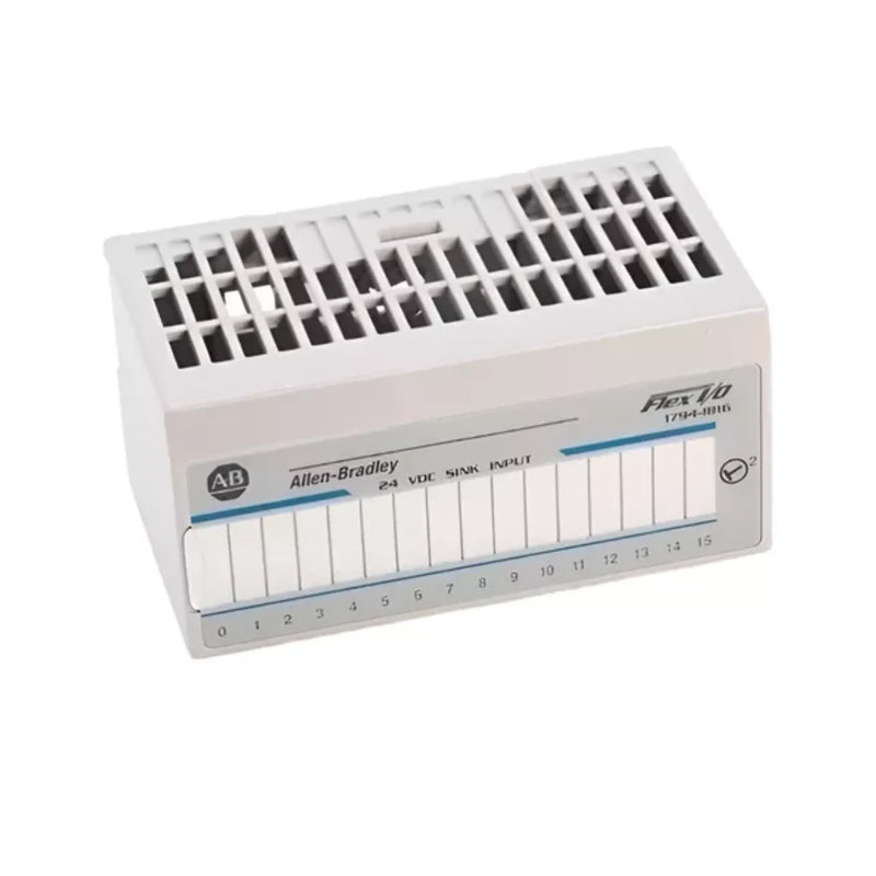 Allen-Bradley 1794-IB16 FLEX I/O module with 16-point 24V DC sinking inputs, open-style, DIN rail mount, IP20 rating.