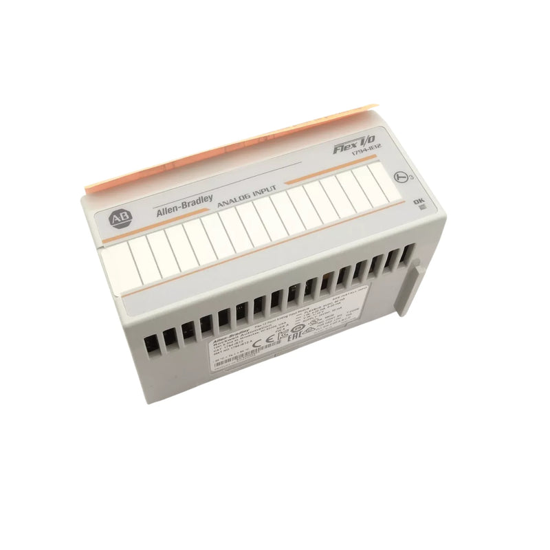 Allen-Bradley 1794-IE12 Flex I/O module, 12-channel analog input, 4–20 mA current signals, 24V DC, DIN rail mount, compact design.