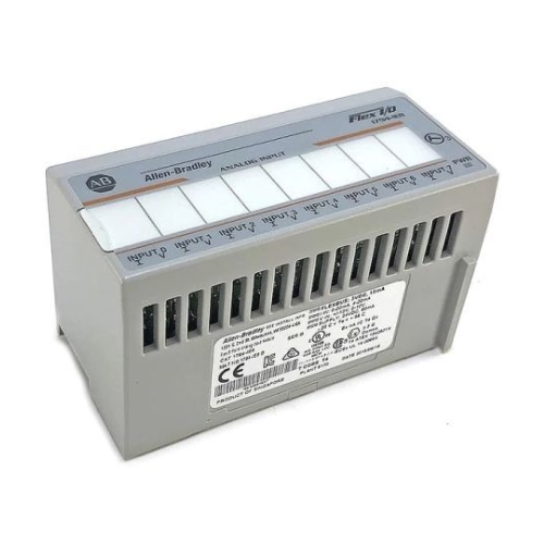 Allen-Bradley 1794-IE8 FLEX I/O analog input module with 8 channels, supports voltage/current signals, 24V DC power, DIN rail mount.