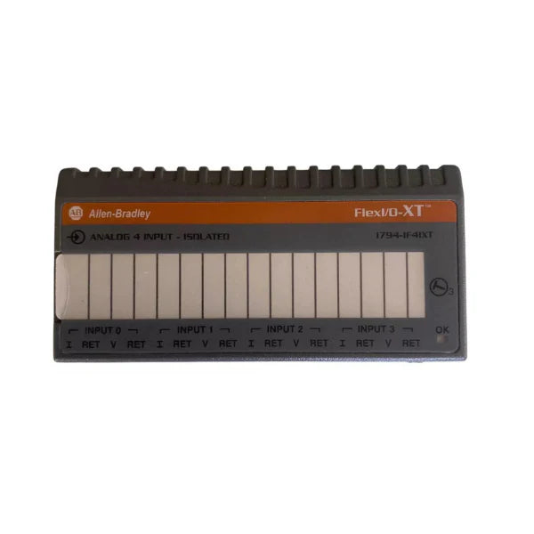 1794-IF4IXT FLEX I/O-XT analog input module, 16-bit, 4 isolated channels, HART enabled, certified for intrinsically safe environments.