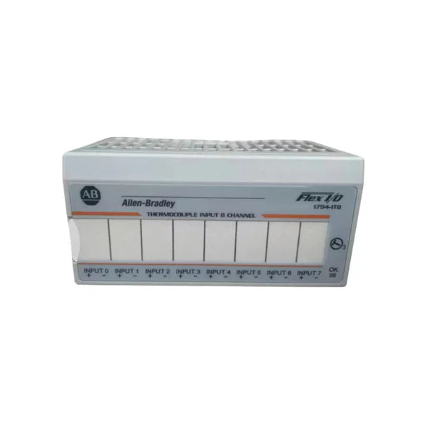 Allen-Bradley 1794-IT8 FLEX I/O 8-channel thermocouple/mV input module, 16-bit resolution, ±76.5 mV input range, for precise temperature measurements.