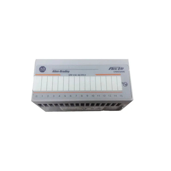 FLEX I/O AC output module, 16 sourcing channels, 85–264V AC, DIN rail mount.