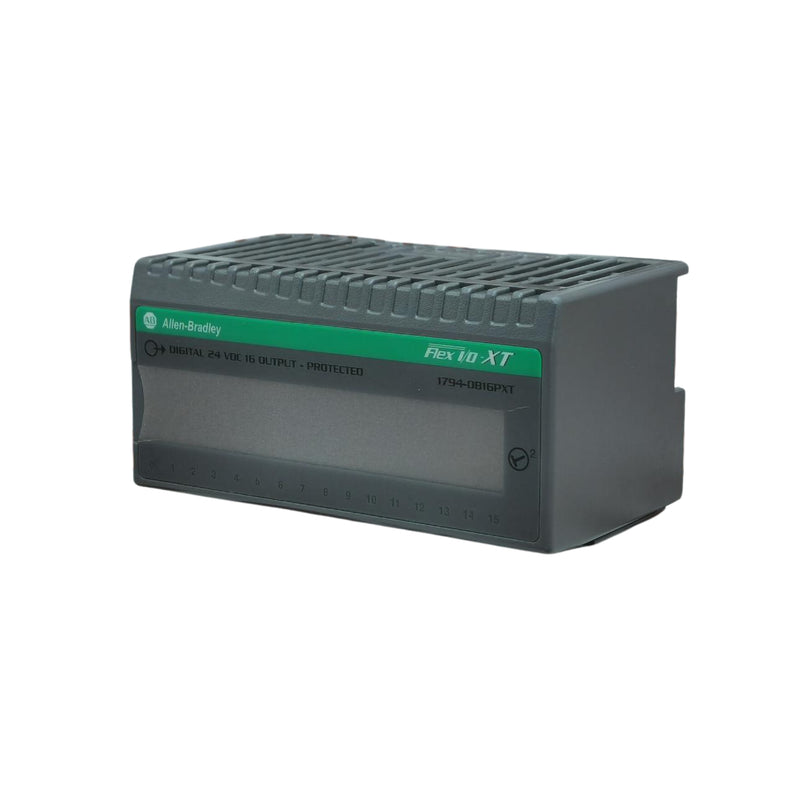 Allen-Bradley 1794-OB16PXT FLEX I/O module, 16-point 24V DC sourcing outputs, protected and conformal coated, for distributed industrial control systems.