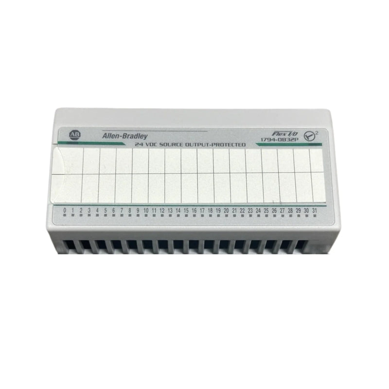 Allen-Bradley 1794-OB32P FLEX I/O module with 32-point 24V DC sourcing outputs, open-style, DIN rail mount, IP20 rating.