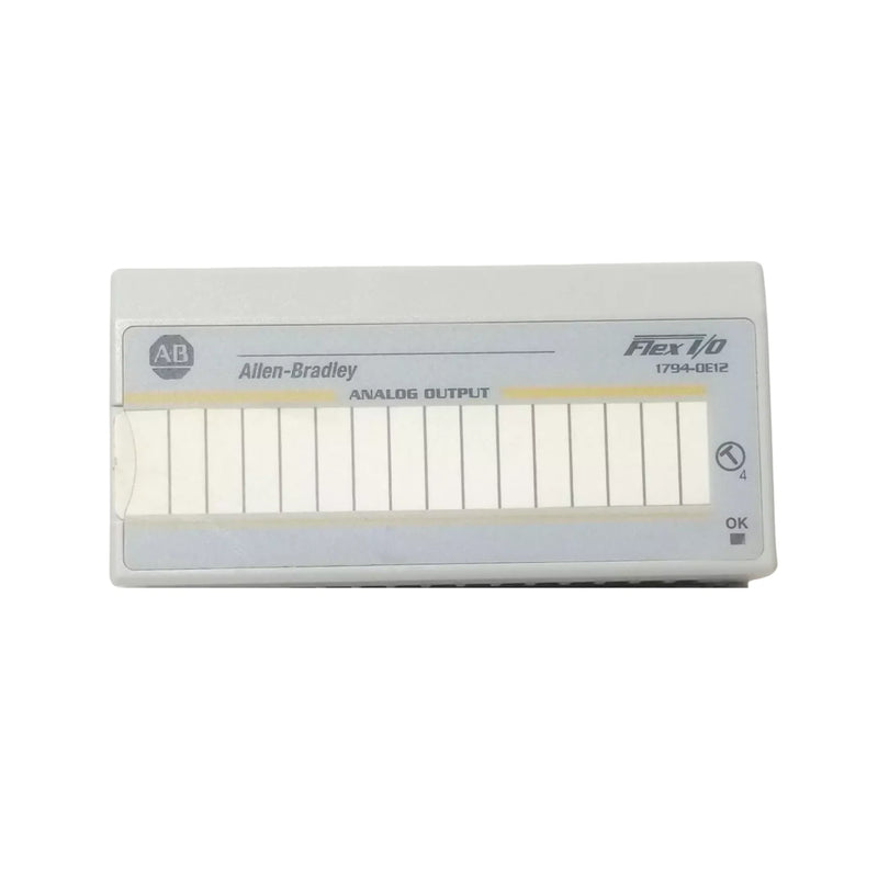 Allen-Bradley 1794-OE12 FLEX I/O module with 12 analog outputs, configurable voltage or current, DIN rail mount.