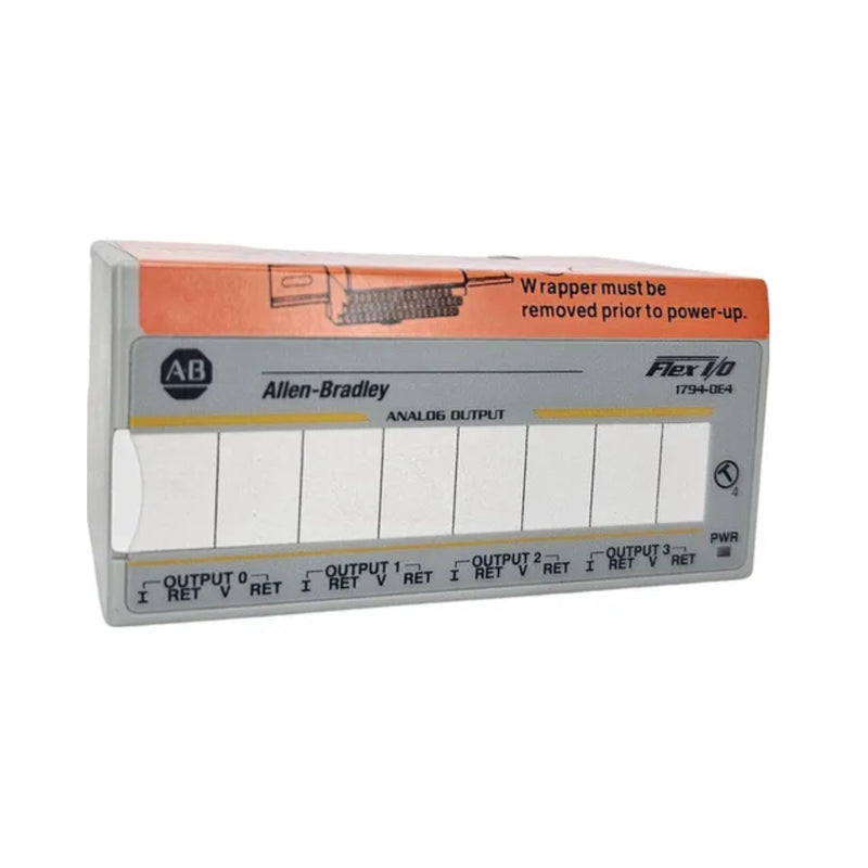  1794-OE4 FLEX I/O analog output module, 4-channel, 12-bit resolution, voltage/current outputs, 24V DC, DIN rail mount, IP20 open type.