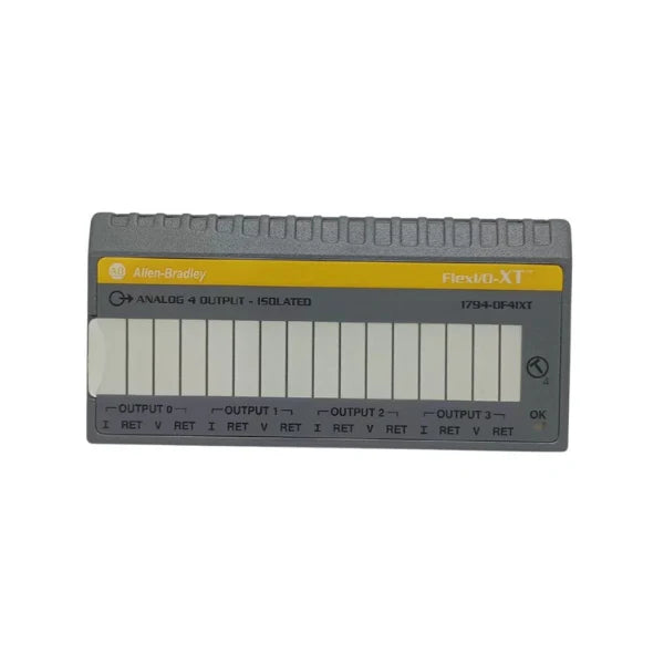 analog output module, 4-channel, current, extended temp, FLEX I/O XT, DIN rail.