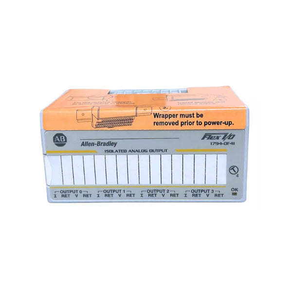 FLEX I/O analog output module, 4 isolated current channels, 24V DC, DIN rail mount.