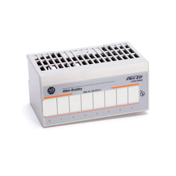 Allen-Bradley 1794-OW8 FLEX I/O relay output module, 8-point, 2A, 250V AC, DIN rail mount, IP20 open-style enclosure.