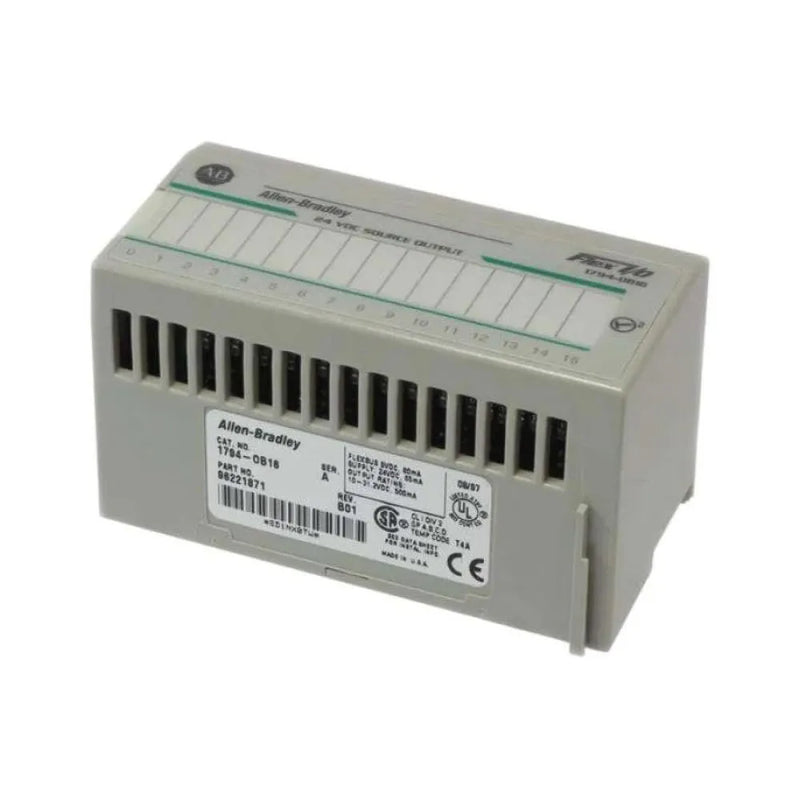 Allen-Bradley 1794-OB16 FLEX I/O digital output module, 16-point, 24V DC sourcing, IP20 open-style, DIN rail mount.