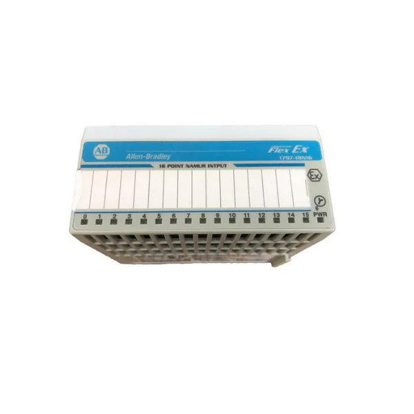 1797-IBN16 FLEX Ex 16-channel digital input module, 24V DC sink, certified for Zone 1 and Class I Div. 1 hazardous areas.