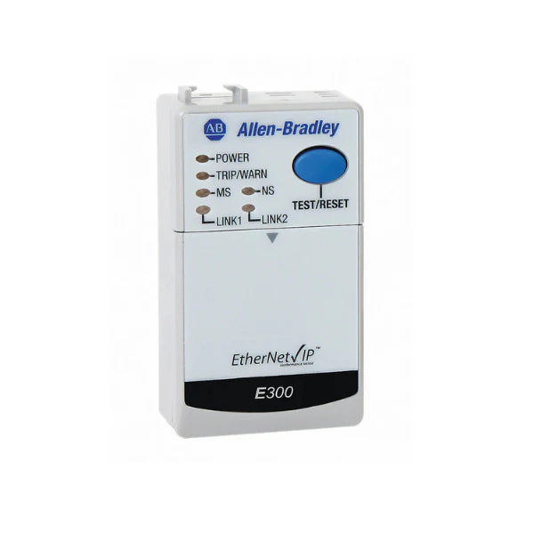 EtherNet/IP communication module for E3/E3 Plus overload relays, DIN rail mount, dual-port Ethernet.
