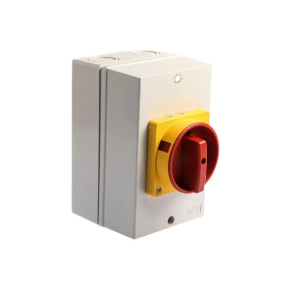 Allen-Bradley 194E-Y25M-1753-6N 25 A 3-pole load switch with IP65 thermoplastic enclosure and Type N red/yellow actuator.
