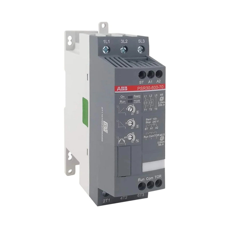 ABB PSR30-600-70 softstarter with 30 A rating, 208–600 V AC input, two-phase control, built-in bypass, and compact design for motor startup.