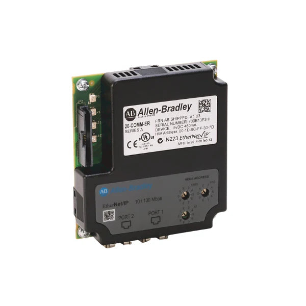 Allen-Bradley 20-COMM-ER EtherNet/IP adapter module for PowerFlex drives, high-speed communication, real-time network integration for industrial automation.