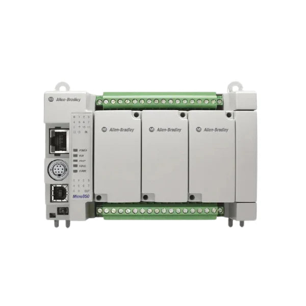 Micro850 PLC, 50 I/O, 24V DC, Ethernet, USB, embedded analog/digital I/O, expandable for machine control.