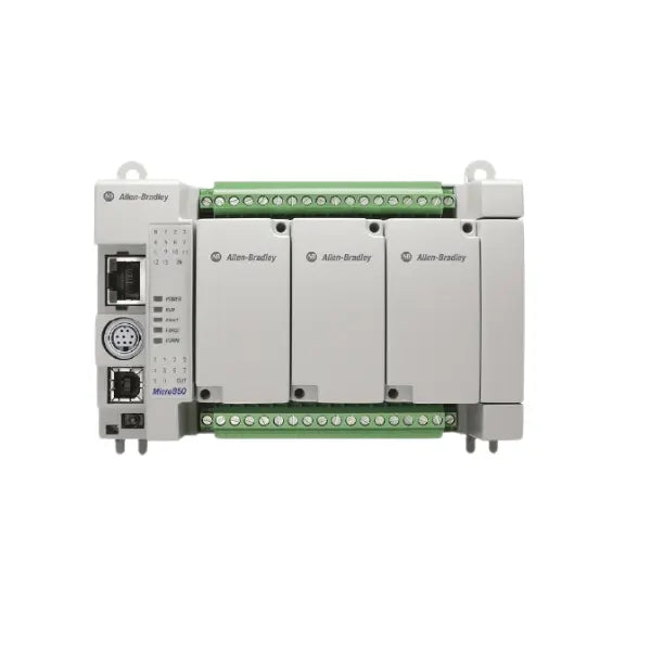Allen-Bradley 2080-L50E-24QWB Micro850 PLC, 24 I/O, 50KB memory, embedded Ethernet, relay outputs, 24V DC power, compact controller.