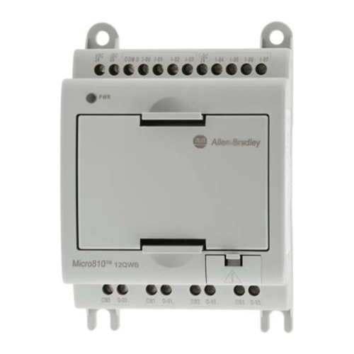 Allen-Bradley 2080-LC10-12QWB Micro810 controller, 8 digital inputs, 4 relay outputs, 4 analog inputs (0–10V), 24V DC power, compact design.