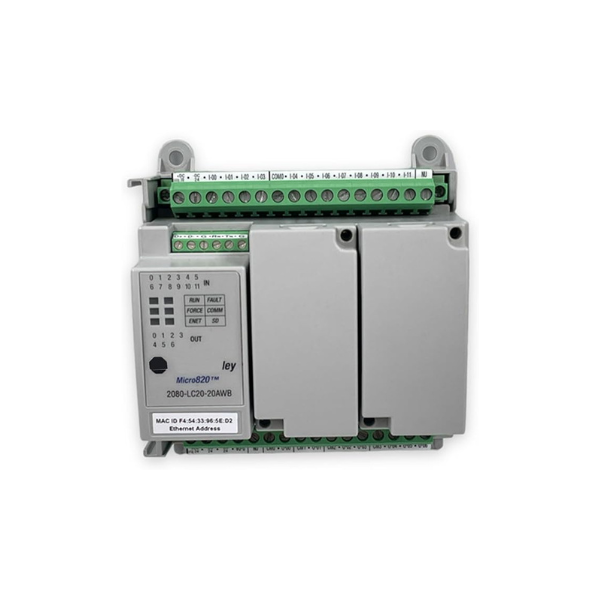 Micro820 PLC, 20 I/O, 120/240V AC, Ethernet, serial, analog inputs, relay outputs, compact controller.
