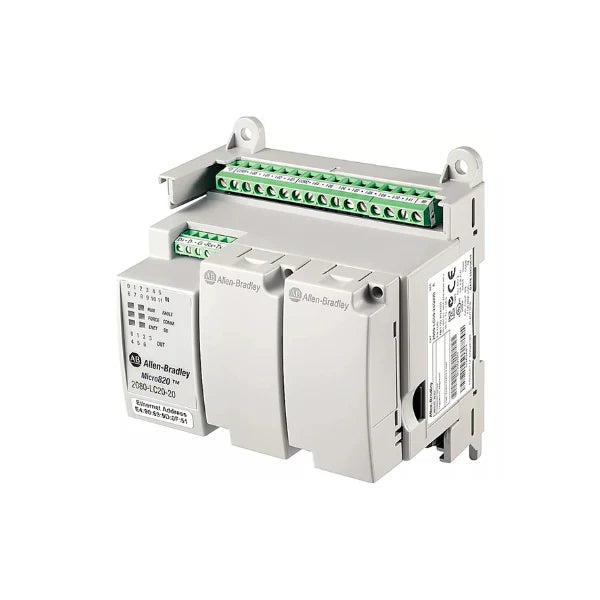 Micro820 PLC, 20 I/O, relay outputs, 24V DC, Ethernet and serial ports, compact controller.