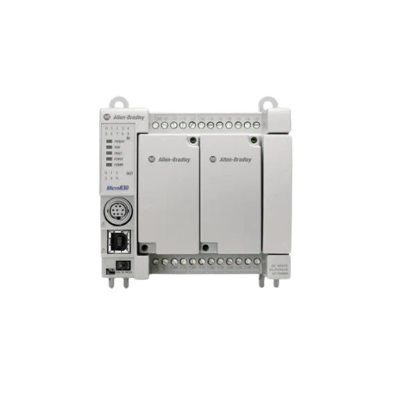 Allen-Bradley 2080-LC30-16QWB Micro830 controller, 16 I/O, DC inputs, relay outputs, 24V DC power.