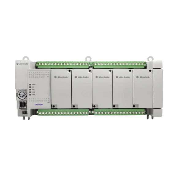 Allen-Bradley 2080-LC30-48QBB Micro830 PLC, 28 inputs, 20 outputs, 24V DC, expandable compact industrial controller for automation systems.