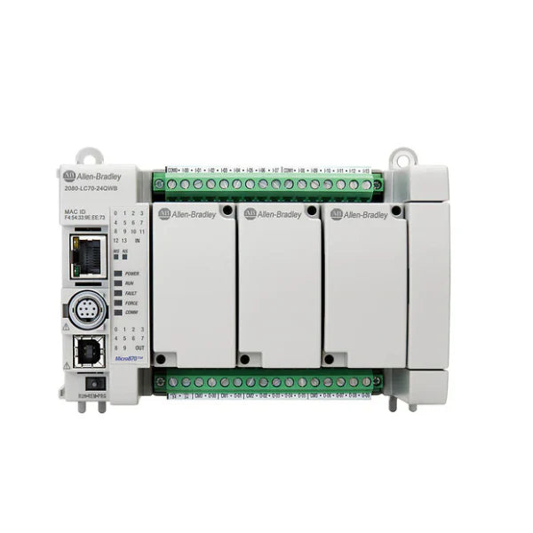 Micro870 PLC, 24V DC, 24 I/O (14 digital inputs / 10 relay outputs), dual Ethernet, expandable, industrial controller.