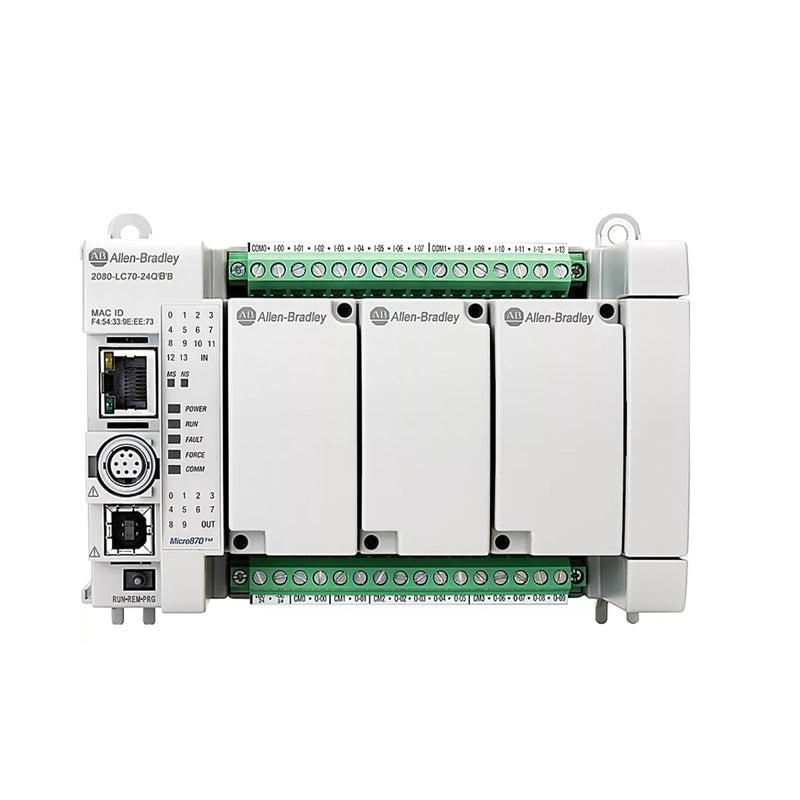 Allen-Bradley 2080-LC70-24QBB Micro870 PLC, 24 I/O, 14 DC inputs, 10 relay outputs, 24V DC, USB & serial ports