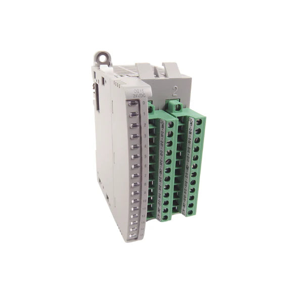 digital output module, 16-point, 24V DC sourcing, Micro800 compatible, DIN rail mount.