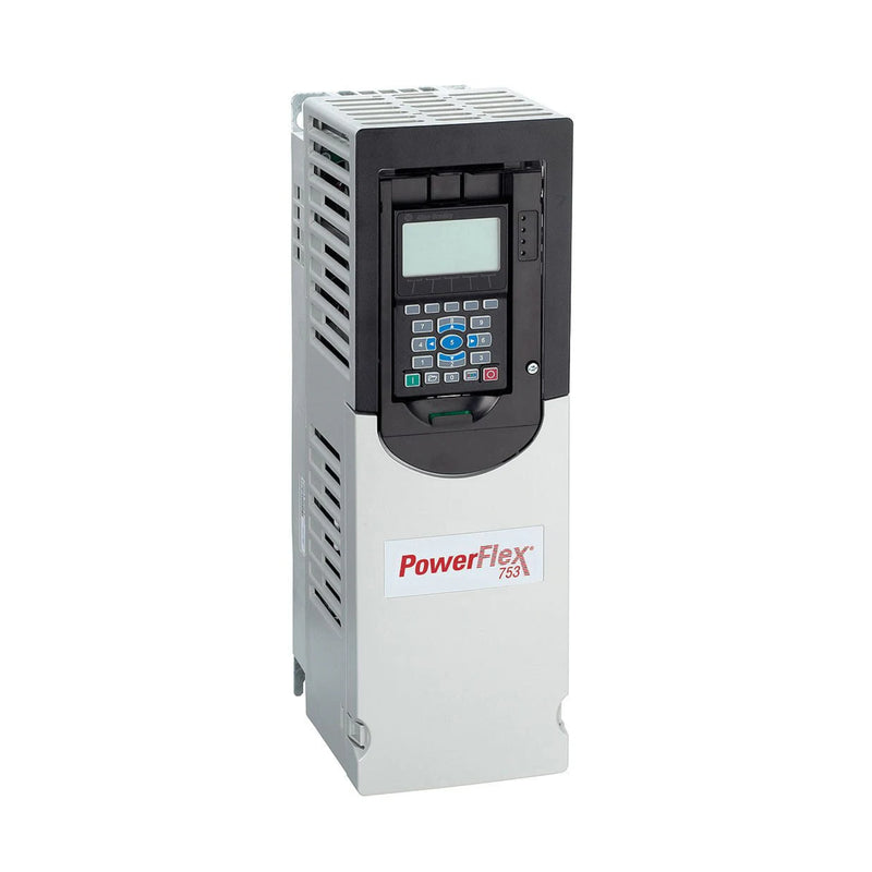 Allen-Bradley 20F11NC8P7JA0NNNNN PowerFlex 753 drive, 4 kW, 400V, Frame 2, 8.7A, embedded I/O, DB transistor, open type, filtered, no HIM, CM jumper installed.