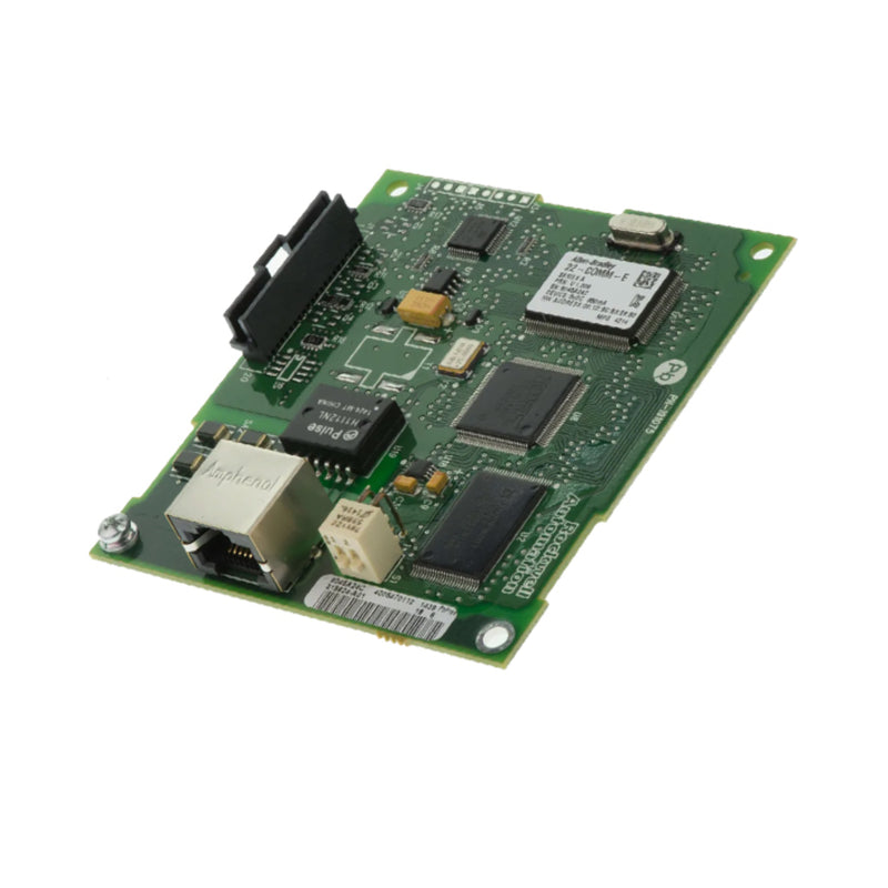 Allen-Bradley 22-COMM-E EtherNet/IP communication module for PowerFlex drives, DIN-rail mount, network control and diagnostics.