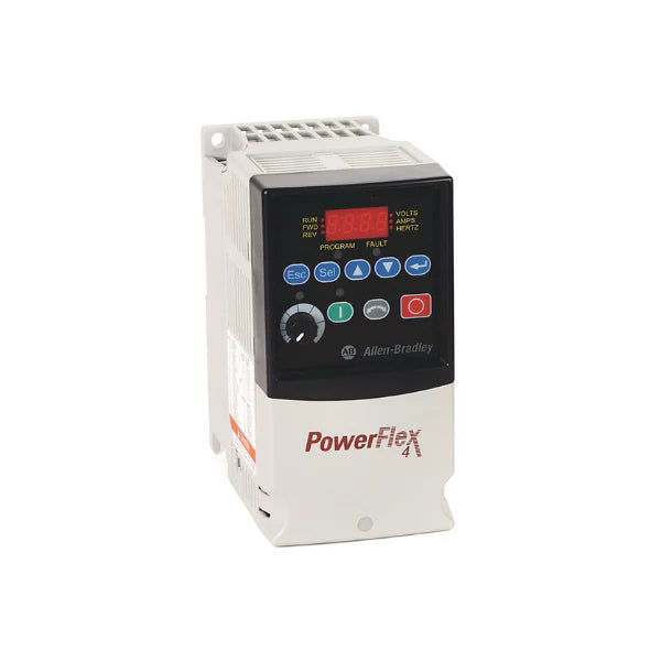 PowerFlex 4 AC drive, 1 HP, 240V, single-phase, 4.5A, IP20 open frame, LED display, RS485, no CE filter.