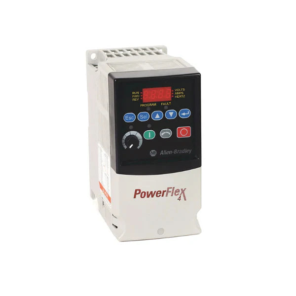 22A-B012N104 PowerFlex 4 drive, 240V 3-phase, 12A, 3 HP, IP20 open type, LED display, fixed keypad, RS485, no CE filter.