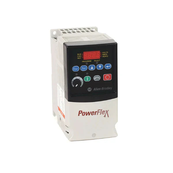 PowerFlex 4 AC drive, 1 HP, 208–240V, 3-phase, IP20 open frame, LED display, RS485, no CE filter.
