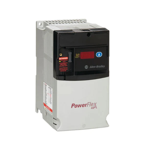 Allen-Bradley 22D-D1P4N104 PowerFlex 40P AC drive, 0.5 HP, 480V, 1.4A, IP20, 3-phase, frame B, reset-only keypad.