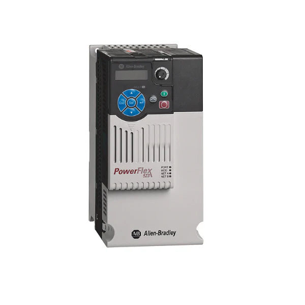 Allen-Bradley 25A-D017N104 PowerFlex 523 AC drive, 10 HP, 480V, 17A, Frame C, IP20, open type, no EMC filter, V/Hz and vector control.