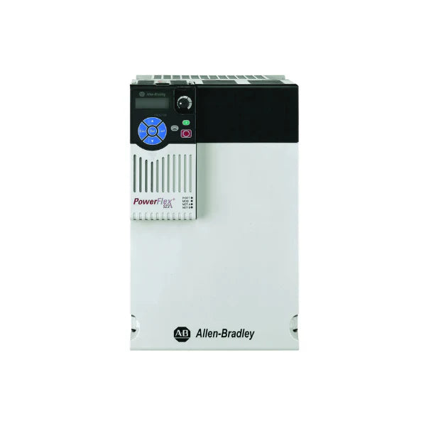 25A-D043N114 PowerFlex 523 drive, 480V 3-phase, 43A, 30 HP normal duty, frame E, IP20 open type, internal EMC filter, compact industrial motor control.
