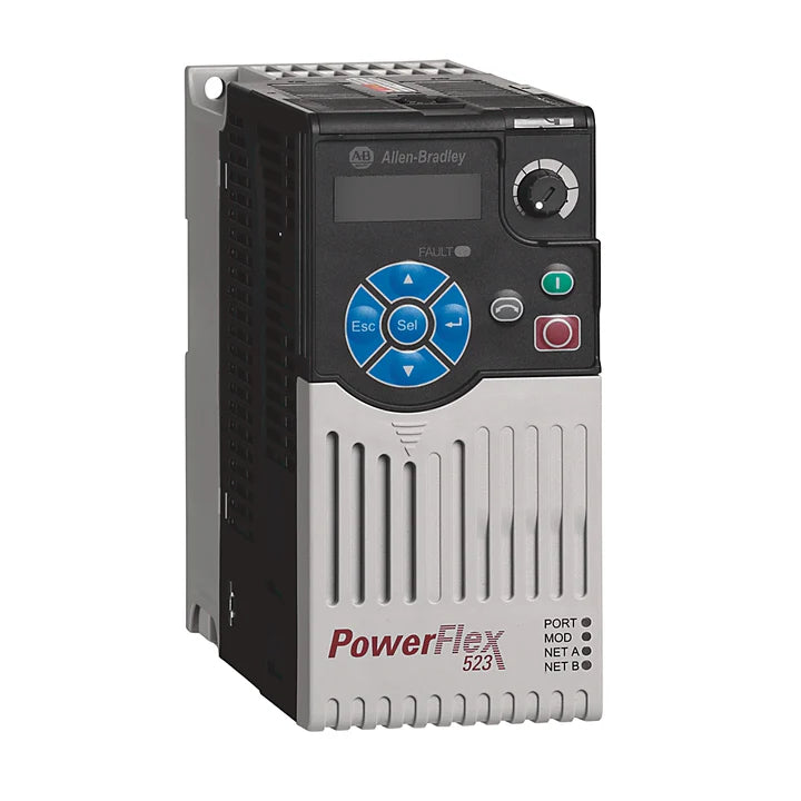 Allen-Bradley 25A-D2P3N104 PowerFlex 523 AC drive, 1 HP, 480V AC, 2.3A, IP20, Frame A, no filter, basic motor control.