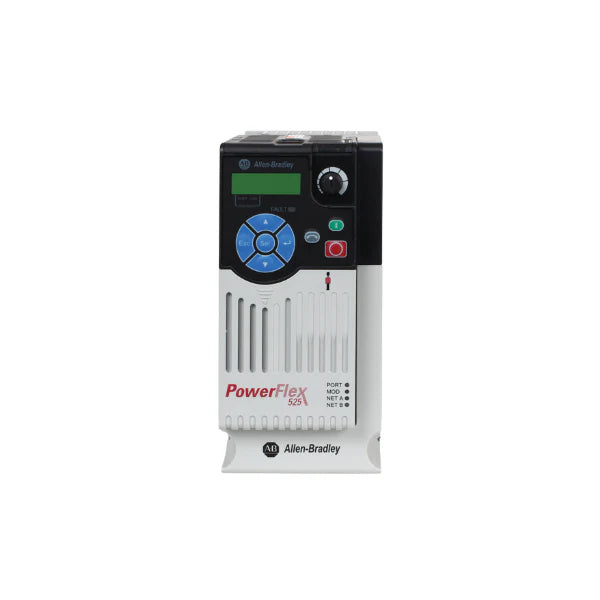 Allen-Bradley 25B-A011N114 PowerFlex 525 drive, 3 HP, 240V, 1-phase, IP20, with brake IGBT and EMC filter.