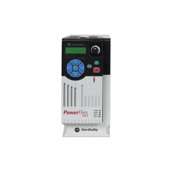 Allen-Bradley 25B-A8P0N114 PowerFlex 525 drive, 2 HP, 240V, 8A, Frame B, 1-phase, IP20 open, EtherNet/IP, STO, with CE filter.