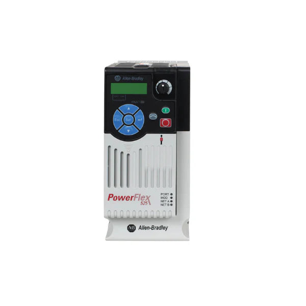 PowerFlex 525 VFD, 240V AC, 17A, 5HP, EtherNet/IP, IP20 open type, with embedded safety and no filter.