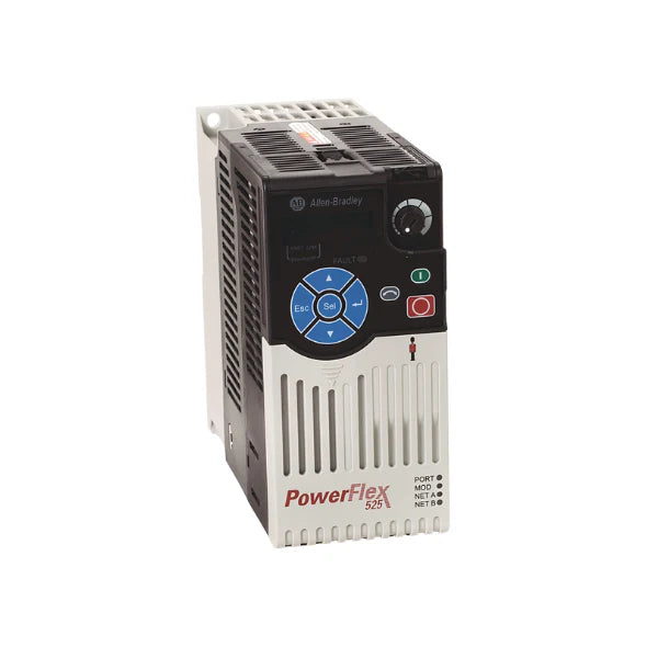 Allen-Bradley 25B-B5P0N104 PowerFlex 525 AC drive, 1 HP, 240V, 5A, Frame A, IP20 open, EtherNet/IP, STO, no CE filter.